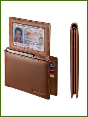 RFID Blocking Bifold Wallet Genuine Cowhide Leather 10 Card Slots